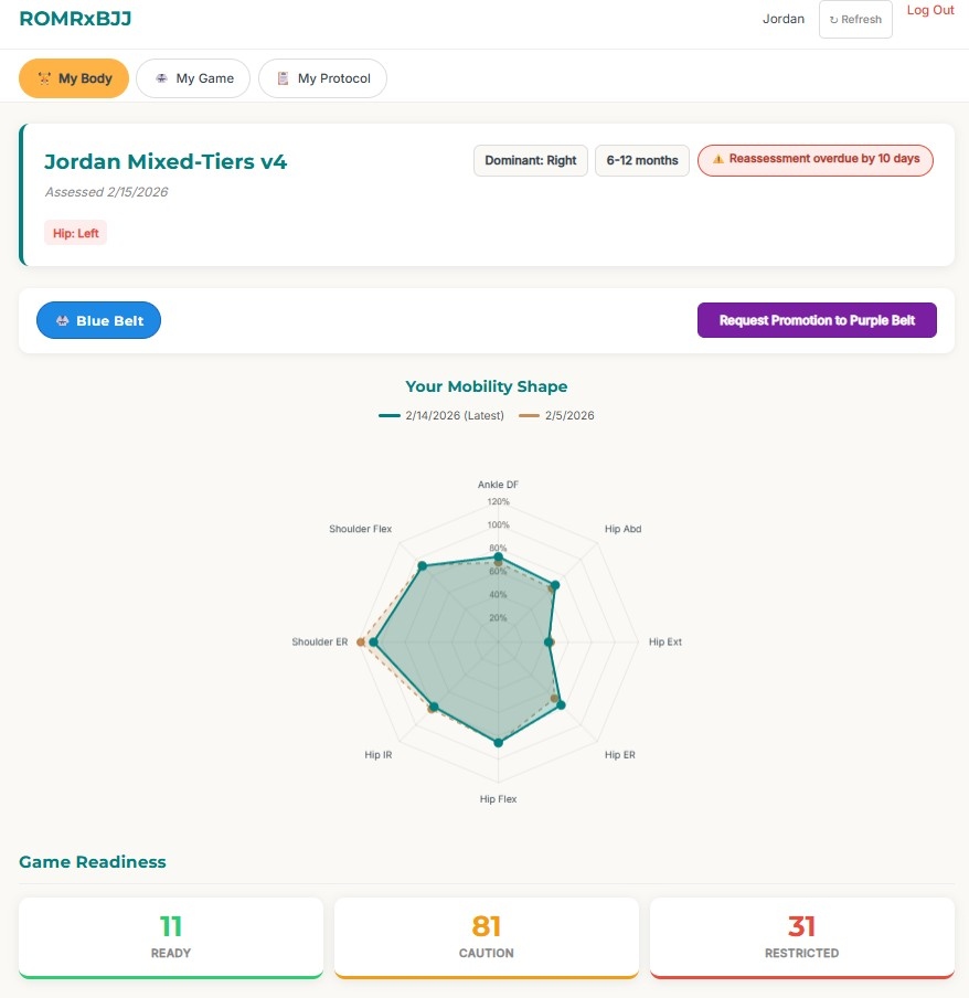 ROMRxBJJ My Body dashboard showing radar chart of ROM scores