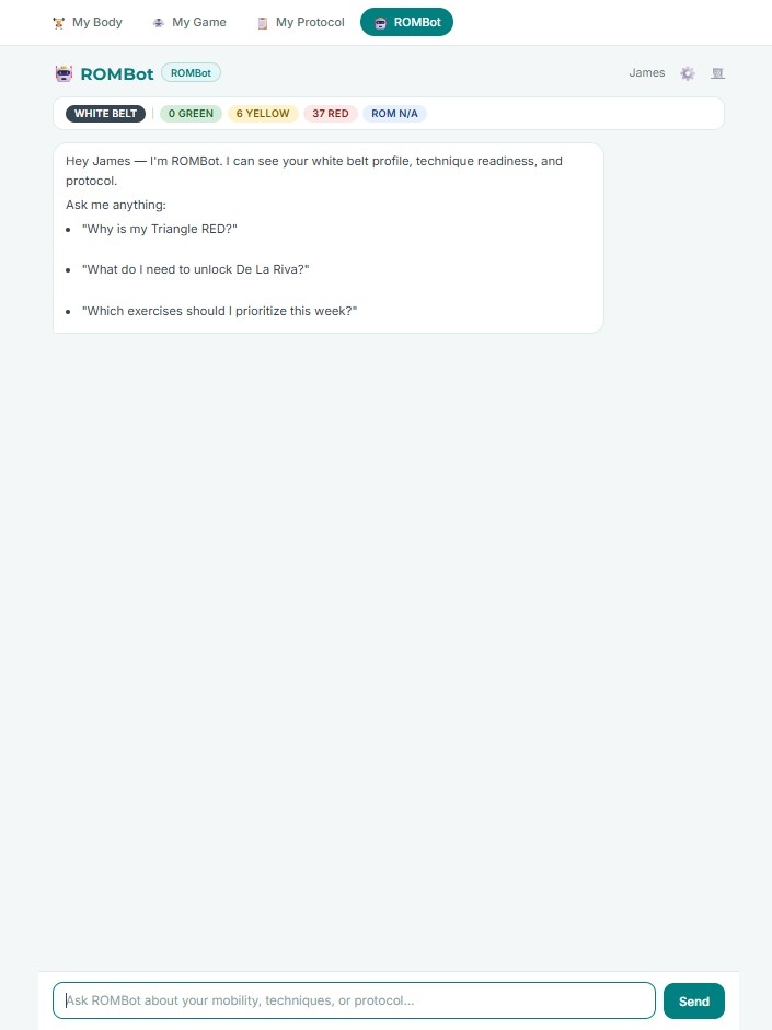 ROMBot AI chat interface showing technique readiness context and personalized mobility answers